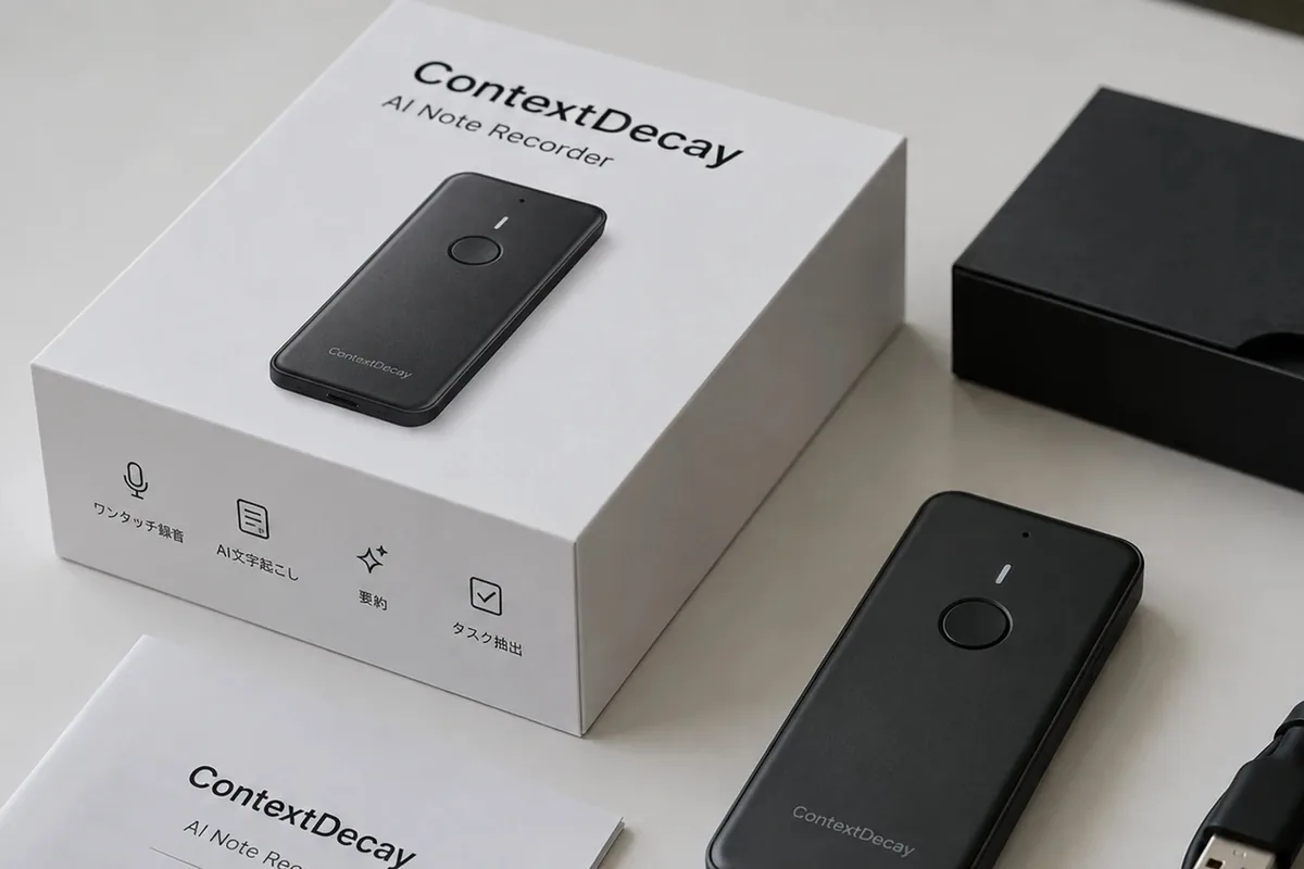 ContextDecay AI ボイスレコーダーの製品パッケージとセット内容